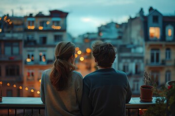 young couple looking at city from balcony. view from back. city of europe, old architecture. beautiful view. young guys travel. europe, america