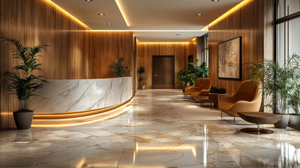 Poster - Modern lobby with marble floor and wooden walls.