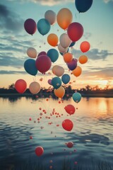 Wall Mural - Balloon cluster above lake