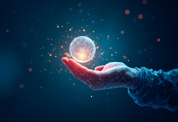 Wall Mural - glowing planet earth held in futuristic polygonal hand global technology innovation concept