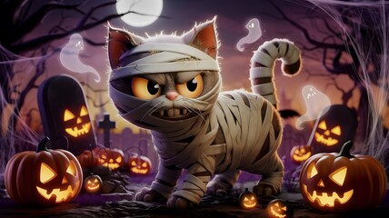 Spooky Halloween Mummy Cat with Jack O Lantern Pumpkins