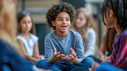 Wall Mural - A kid leading a group game, passionately explaining the rules.