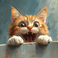 Canvas Print - A cheerful orange cat peeking over a surface, expressing excitement and curiosity.