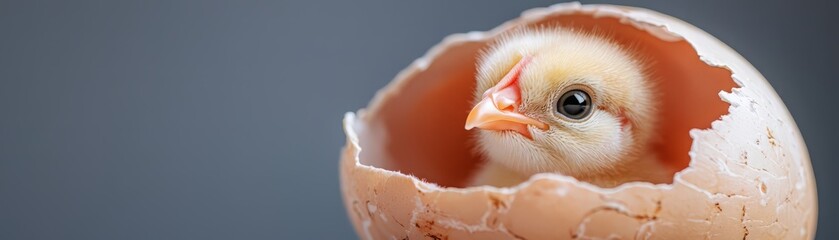 A cute baby chick emerging from its eggshell, symbolizing new life and freshness in nature.