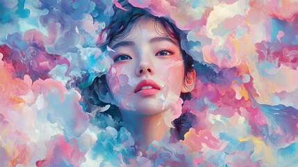 Wall Mural - A Woman's Face Emerges From Abstract Watercolor Clouds