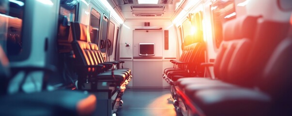 Modern ambulance inside vehicle safety interior, ambulance panorama banner. Generative AI