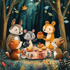 Sticker - A cheerful picnic scene with friendly animals enjoying food in a forest setting.