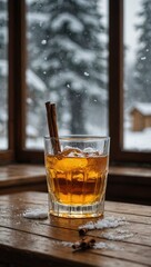 Wall Mural - Sbiten in a glass on a wooden table by a snow-covered window, with honey on the rim and a cinnamon stick inside.