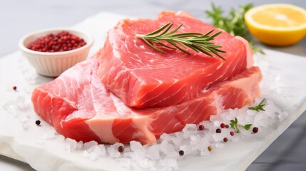 Freshly cut pork chops garnished with rosemary and spices ready for cooking on a countertop