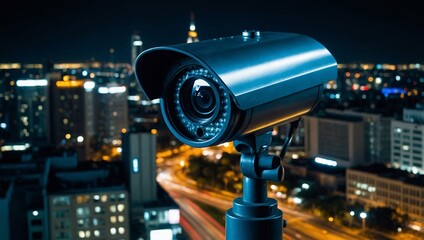 Wall Mural - Security camera watching over a busy city at night.