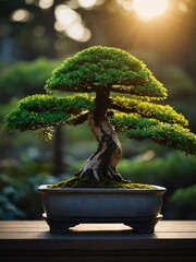 Wall Mural - Serene bonsai tree with lush green foliage illuminated by sunset light.