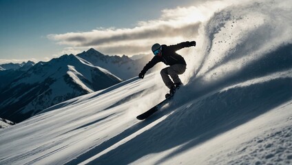 Sticker - Silhouette of a person snowboarding down a mountain, capturing action.