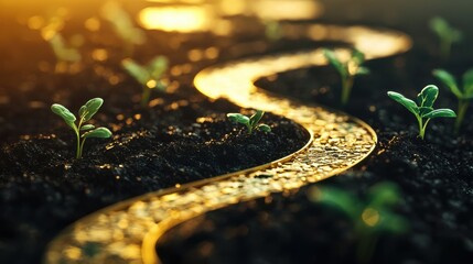 A flowing river of gold or currency symbols splitting into smaller streams, each stream feeding different growing plants, representing how shared profits nurture collective growth