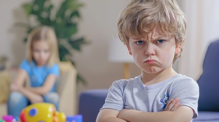 Wall Mural - A kid watching a friend with a new toy, arms crossed, pouting.