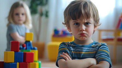 Wall Mural - A kid watching a friend with a new toy, arms crossed, pouting.