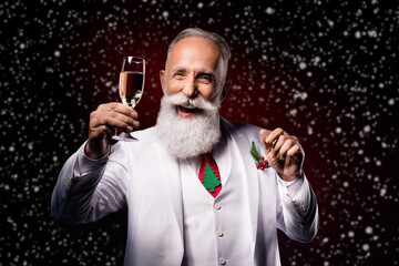 Canvas Print - Photo of mature man happy positive smile drink champagne party x-mas holiday isolated over dark color background