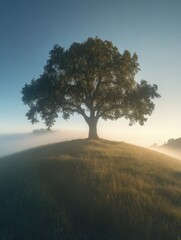 Poster - Lone Tree on Grassy Hill in Fog