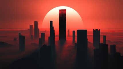 Wall Mural - A futuristic city skyline where one skyscraper stands taller and brighter than the others, representing dominance and competitive superiority in the market