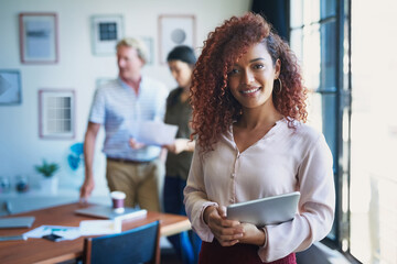 Canvas Print - Portrait, smile and tablet of business black woman in boardroom of office for start of meeting. Creative, development and design with happy employee in workplace for coaching, planning or training