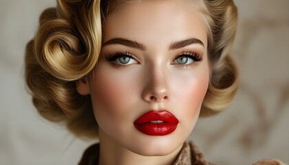 Timeless elegance of a classic beauty with retro blonde hairstyle and striking red lips, embodying luxury and high fashion in Astro Dust color trend