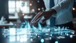 © Hansa & Party - A businessman swipes his hand across a floating economic projection model, causing financial data to ripple through the hologram