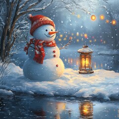 Sticker - A cheerful snowman stands by a lantern in a snowy landscape, creating a cozy winter scene.