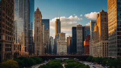 Wall Mural - Stunning Chicago skyline with vibrant street life views.