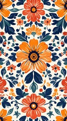 Sticker - Vibrant Floral Pattern  Orange and Blue Flowers  Seamless Background