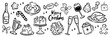 © Oleksandra - Christmas dinner doodle vector set, holiday hand drawn menu icon collection, champagne, cake, turkey. Festive New Year night beverages, line design elements, gingerbread. Christmas dinner food sketch