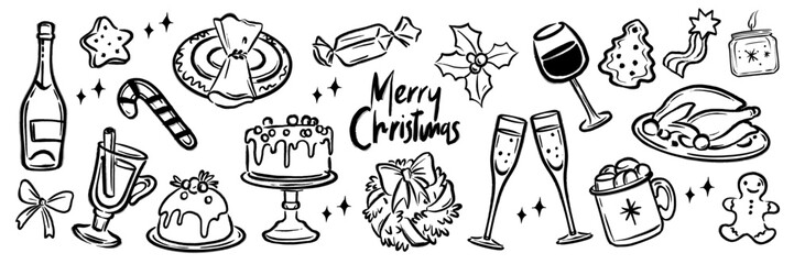 Christmas dinner doodle vector set, holiday hand drawn menu icon collection, champagne, cake, turkey. Festive New Year night beverages, line design elements, gingerbread. Christmas dinner food sketch