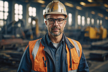 portrait of a male engineer in a factory setting, highlighting safety and professionalism. A focused expression on the importance of safety standards in industrial environments