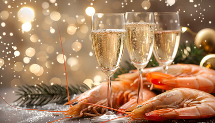 Wall Mural - glass of champagne and shrimp on a Christmas tree background. festive atmosphere