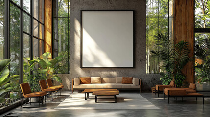 Canvas Print - Modern living room with large windows and a blank canvas.