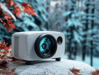 Modern Projector on Snowy Rock with Autumn Leaves