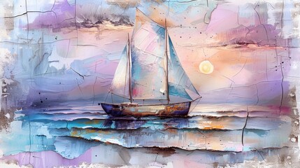 Calm beach with soft pastel shades and a lone sailboat docked near the shore under the warm sunset colors.