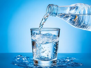 Pouring water from bottle into glass on blue background