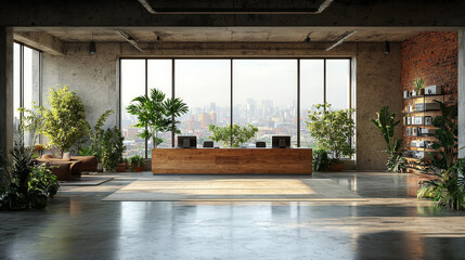 Poster - A modern office interior with a reception desk and a view of the city.