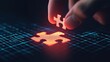 © Exnoi - A hand placing a puzzle piece into an abstract grid, with the puzzle piece glowing, representing continuous improvement and problem-solving in lean management
