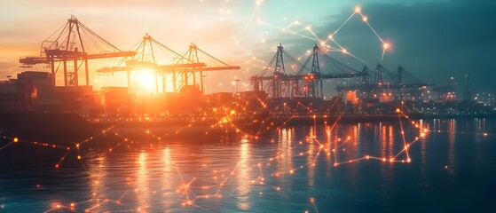 Globalization s Influence on Foreign Trade Imports with International Connections Trade Routes and Market Photography Concept with Urban Skyline Harbor Cranes and Sunset Reflections