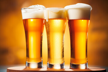 Glasses of cold beer with foam, pint of original premium beer drink, alcohol flavour and holiday celebration idea