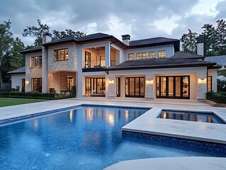 Spectacular Backyard Swimming Pool Designer home. Beautiful Exterior of New Home at Twiligh