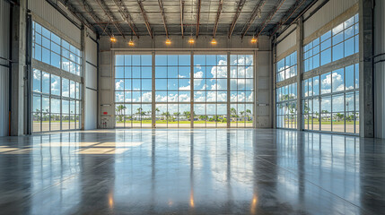 Empty hangar with large windows showcasing a bright sky.