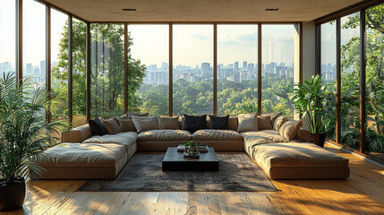 Wall Mural - Spacious living room with large windows offering a city view.