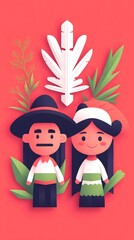 Wall Mural - Cute Cartoon Couple with Leaves and Feather on Red Background