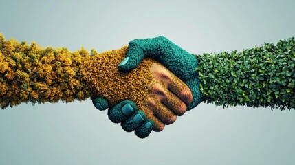 a handshake between two large hands made of diverse community members and trees, highlighting the pa