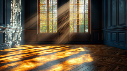 Poster - Sunlight streams through the windows of an empty room, illuminating the wooden floor.