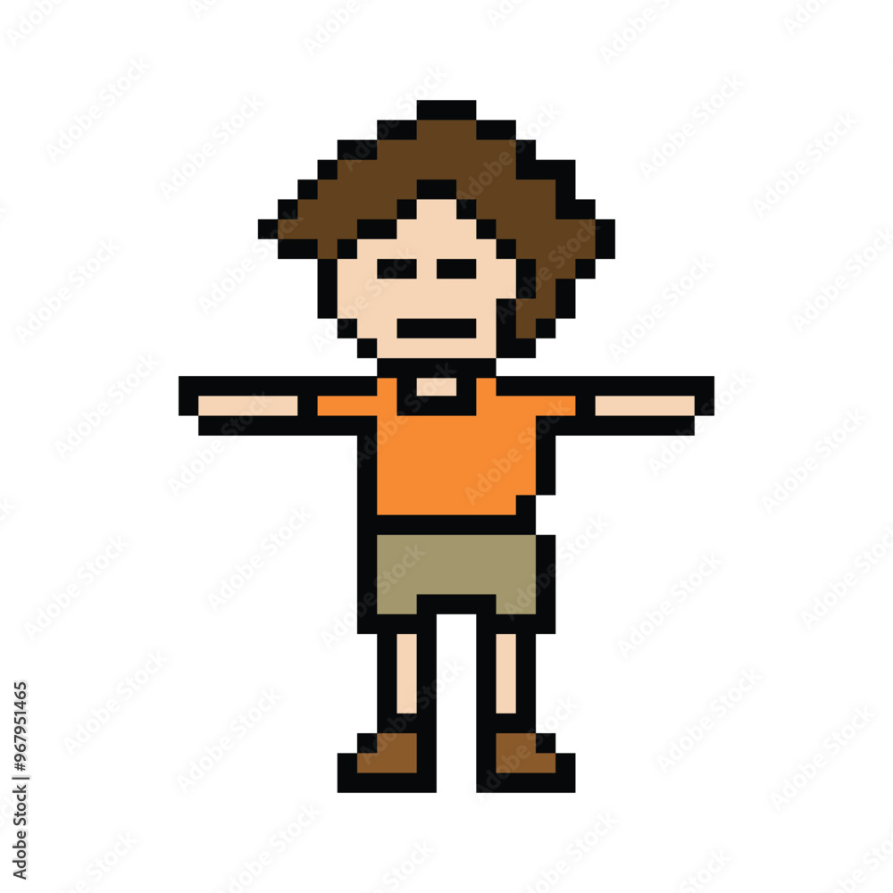 Cute pixel cartoon 8bit character man exercises training dance ...