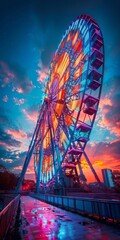 Illuminated Ferris wheel against a twilight sky. Colorful amusement ride