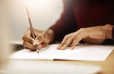 Poster - Writing, education and hands of student in college for research, notes and language course. Person, journal and studying at table for exam preparation, creative essay and storytelling in university