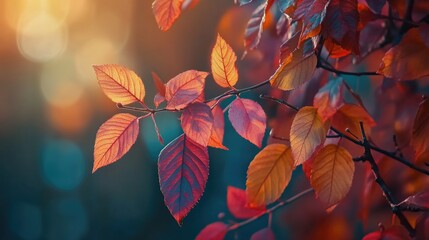 Wall Mural - Close-up of tree branch with red leaves